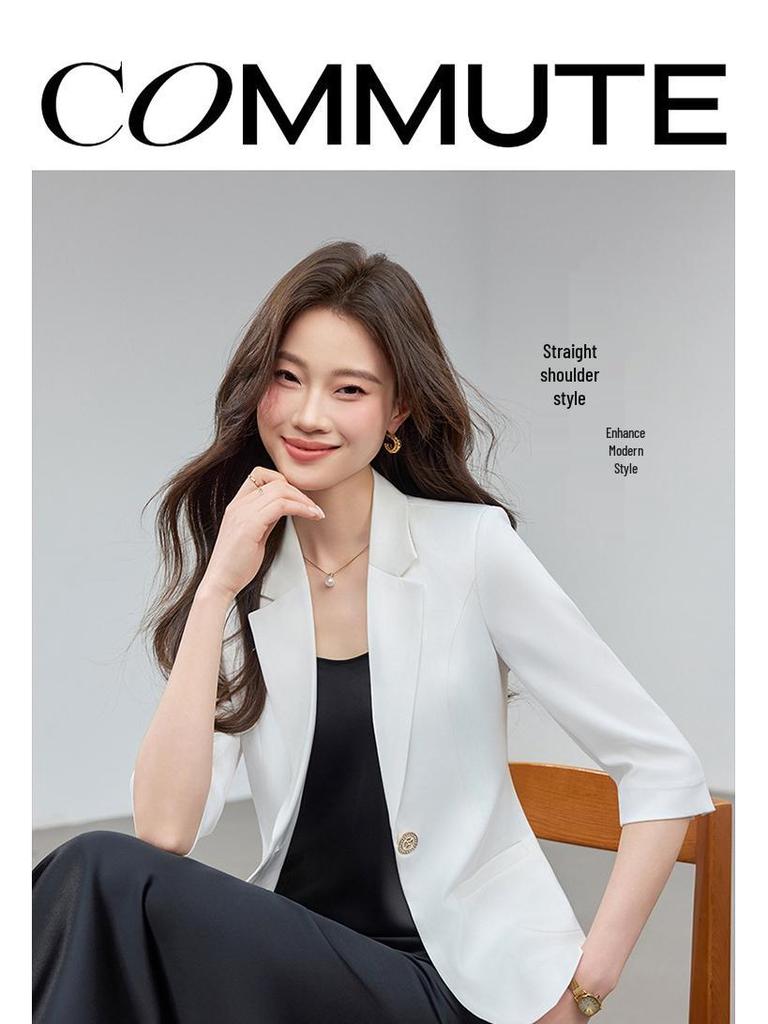 White Women's Casual Slim-Fit Blazer with Mid-Sleeves