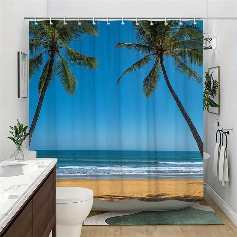 1Pc Tropical Beach Scene Shower Curtain - Polyester, Machine Washable, 70.86X70.86In, 12 Hooks, Tranquil Palm Trees & Ocean View