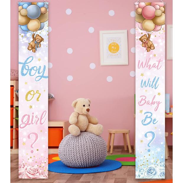 Baby Bear Gender Reveal Decorations - Boy or Girl Porch Sign Banner, Pink Blue Balloon Baby Shower Door Hanging Banner for Party Supplies