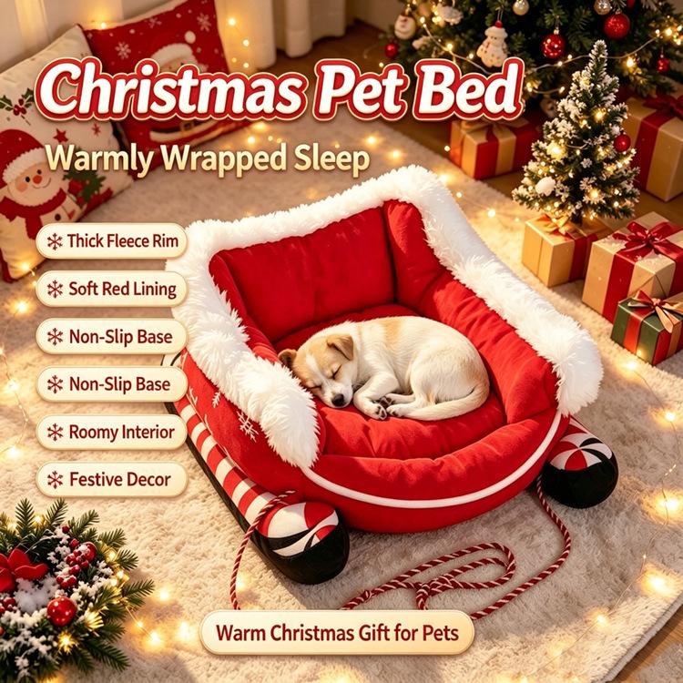 Christmas Sleigh Dog Sofa Bed Winter Warm Soft Plush Cat Lounge Mat Removable Washable Pet Sleeping Couch for Small Medium Dogs