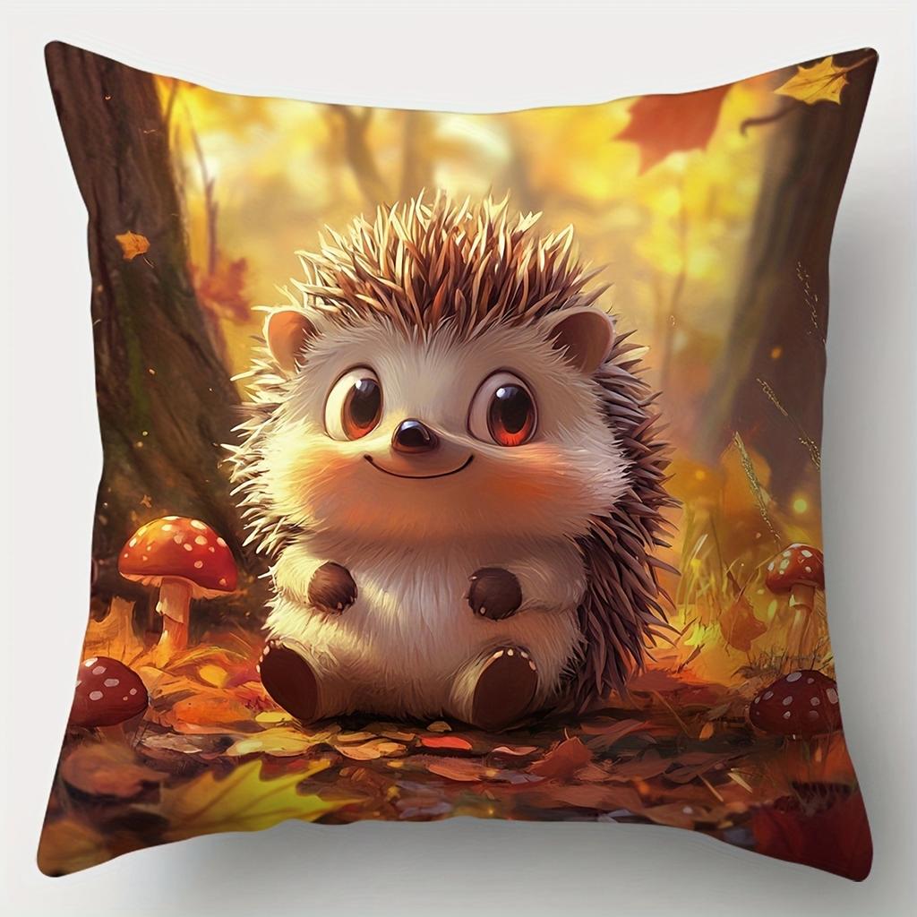 1pc Autumn Cute Hedgehog Maple Leaf Printed Pillowcase