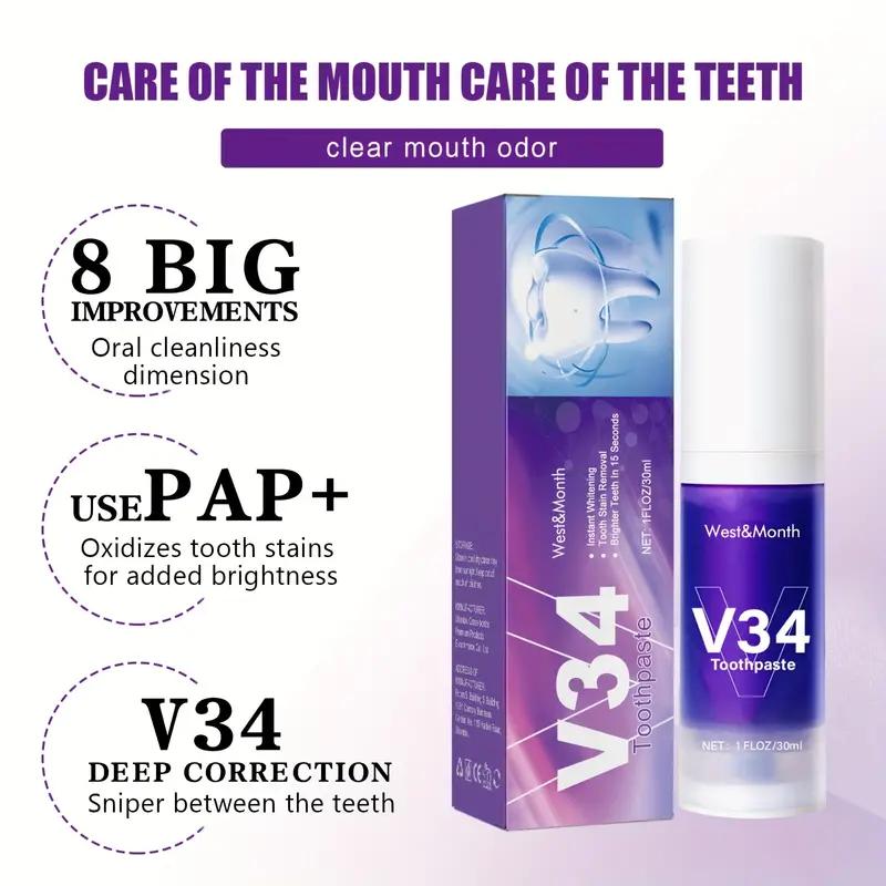 30ml V34 Fioletowy korektor koloru w piance: Natychmiast wybiel zęby, dokładnie oczyść i usuń plamy oraz odśwież oddech – w domu lub w podróży!