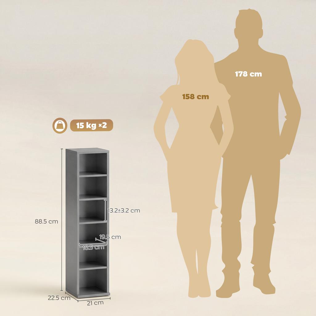 Set of 2 CD Media Display Shelf Unit Tower Rack with Adjustable Shelves, Light Grey