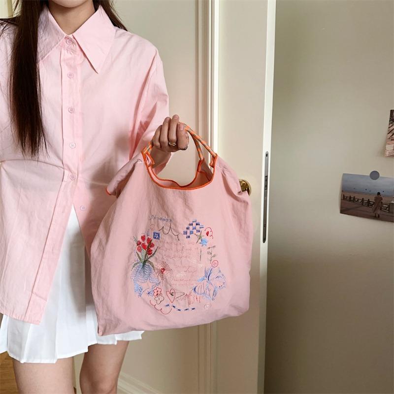 Small Fresh Embroidery Handheld Oxford Bag Girls Sweet Shopping Cloth Bag Student Class Handbag