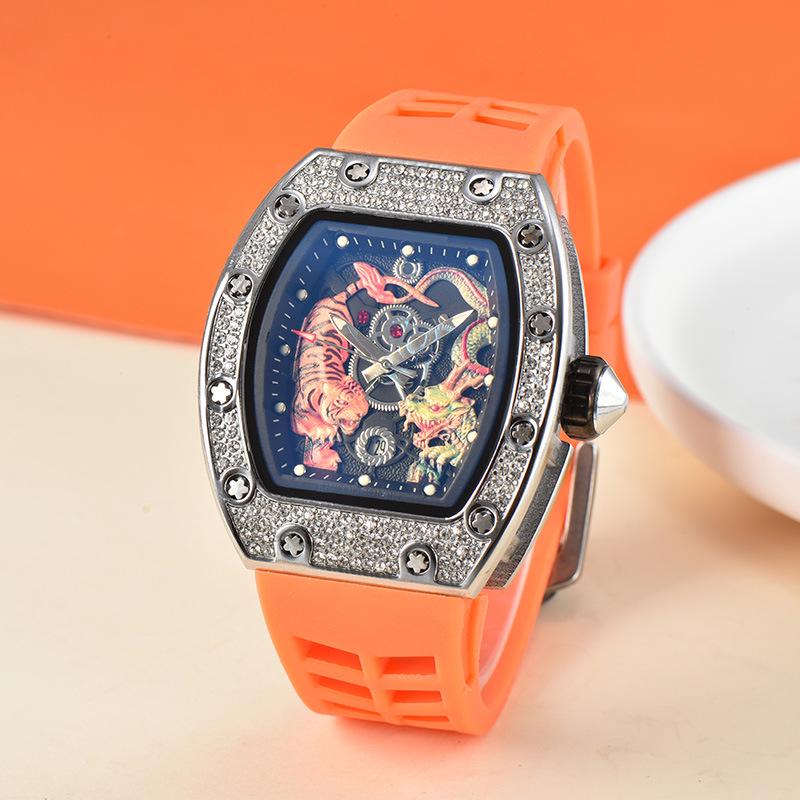 Men's Trendy Barrel-Shaped Full Diamond Quartz Watch with Calendar