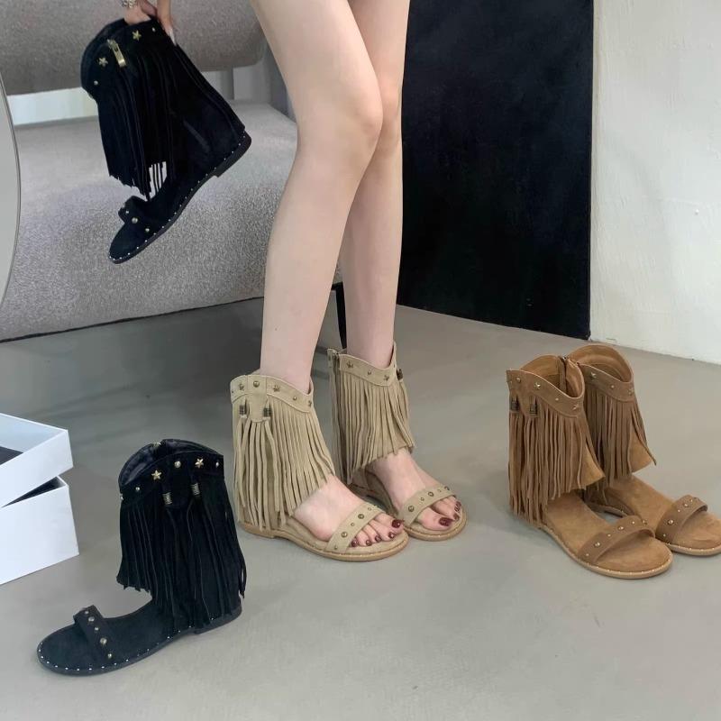Fashion Sandals for Women's Design Tassel Rivet Roman Sandals Women's Summer High-top Fashion Wedge Heel Cool Boots Sandalias De Tacón