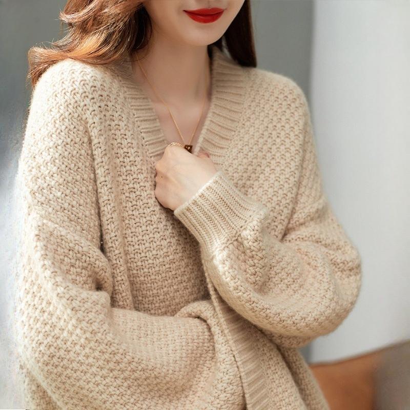 Autumn Winter Women's French Retro Style Thick Thread Knit Sweater Cardigan Loose Mid Length Coat Casual Versatile