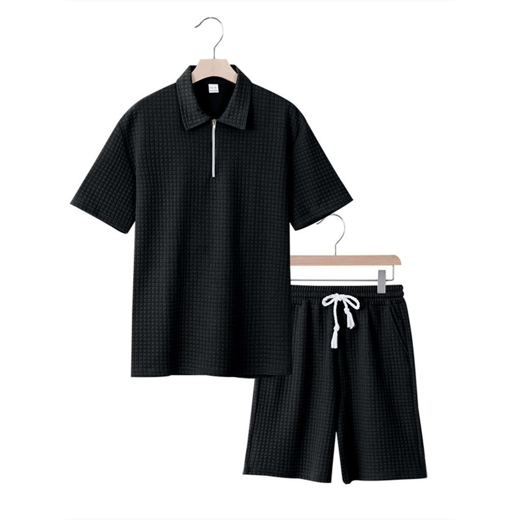 Men'S Solid Color Casual Collar Short Sleeved Shorts Two-Piece Set