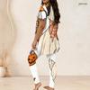 Women Plus Size Two Piece Set Round Neck Short Sleeve Owl Printed Longline Top Fitted Long Pants
