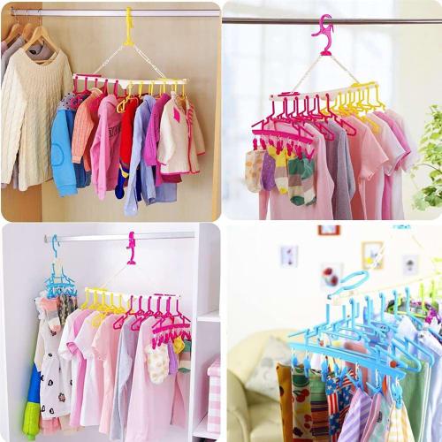 Shangjin Kids' 10-Hanger Laundry Rack, Detachable and Foldable, Free-Grip Clothes Hanger, Red & Yellow