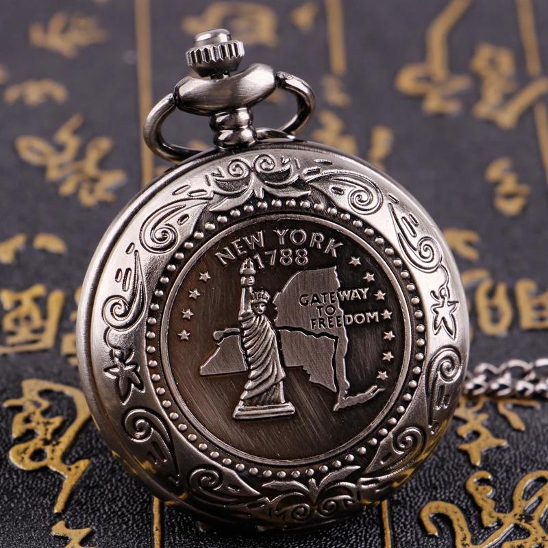 

10pcs/lot Wholesale New York 1788 Liberty Engraved Pocket Watch Necklace Women Men Steampunk Pendant Chain Clock Gifts Souvenirs