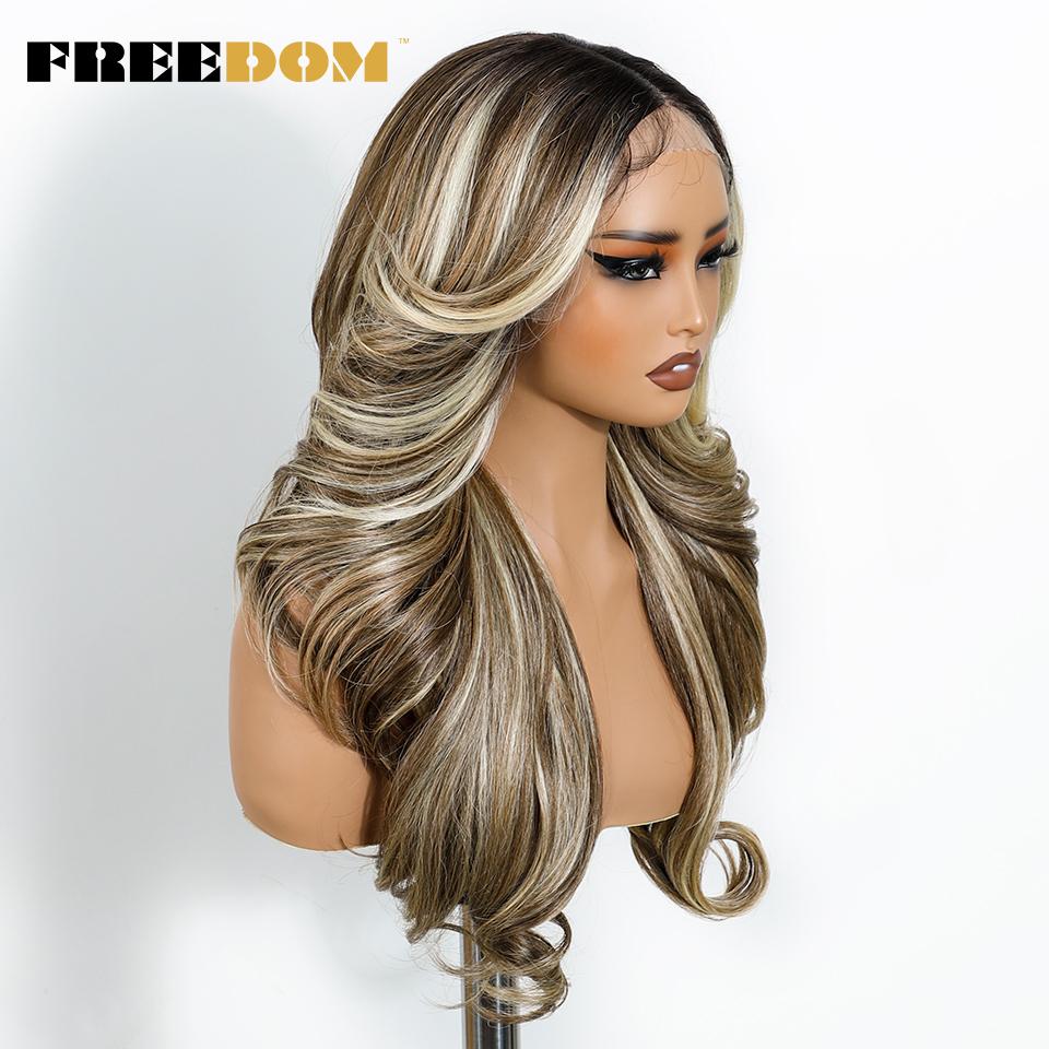 FREEDOM Synthetic Lace Front Wigs For Women 24 inches Layerd Bouncy Curly Lace Wig Ombre Brown Blonde Wigs Cosplay Wig