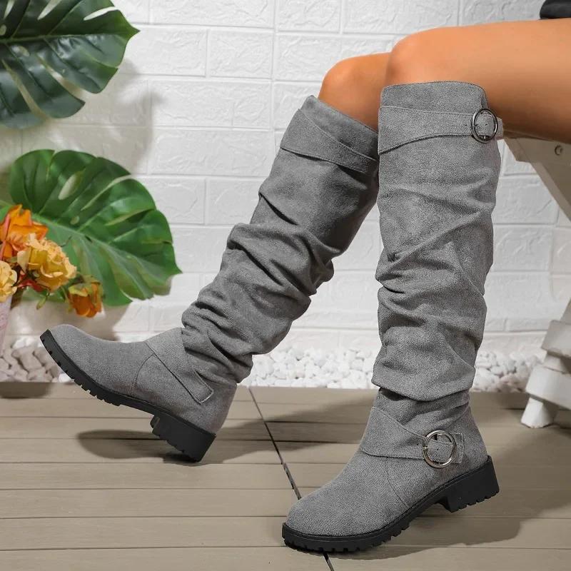 2024 Hot Sale Ladies Shoes Slip-on Women's Boots Fashion Belt Buckle Modern Boots Women New Plus Size Solid Knee-High Boots