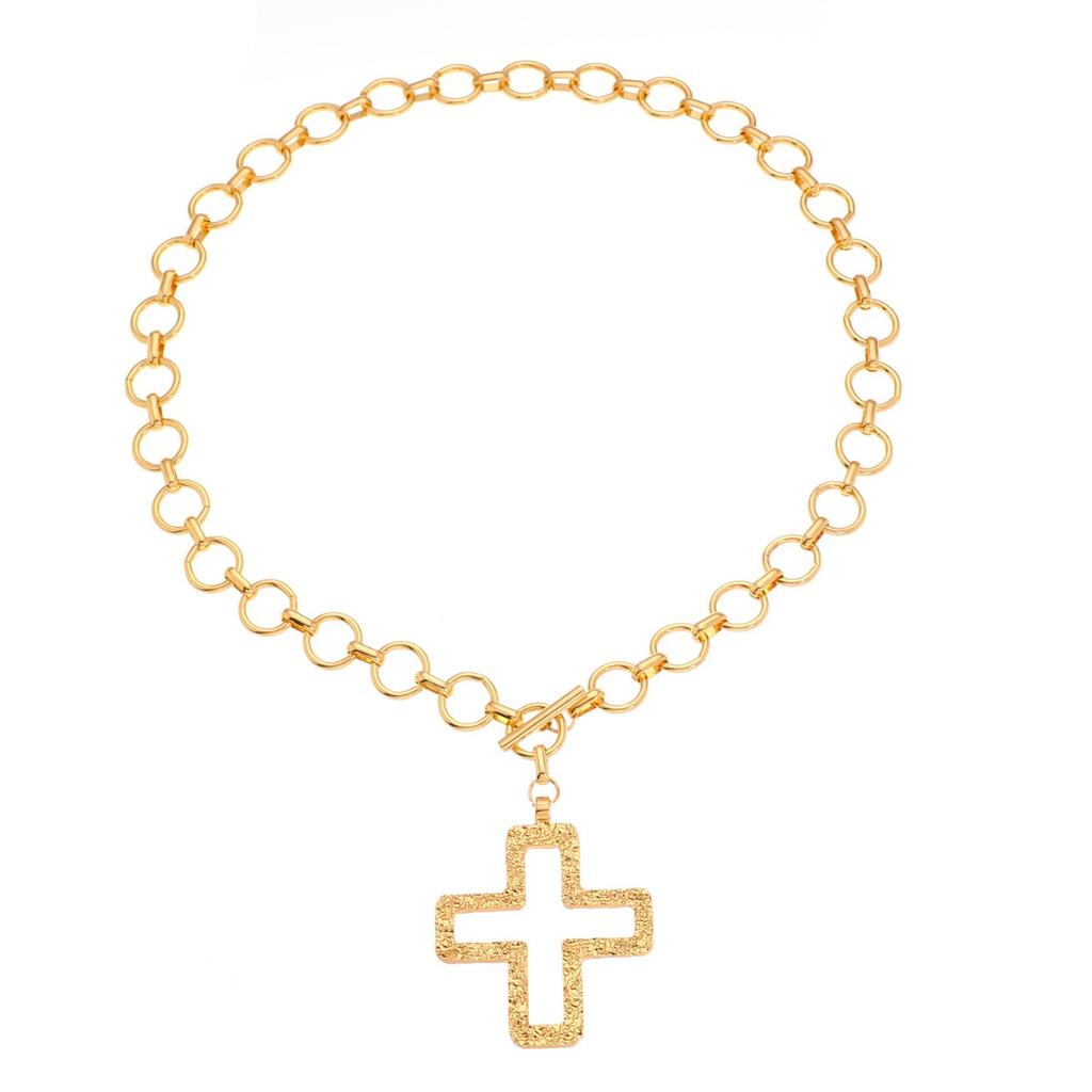 Textured Cross Pendant Toggle Chain Necklace Bold Chunky Statement Necklace for Women