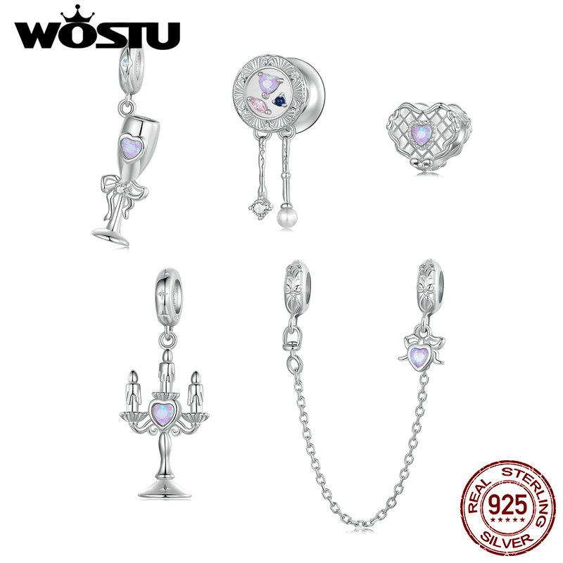WOSTU 925 Sterling Silver Romantic Candlestick Pendant Heart Safty Chain Wine Cup Charm Cake Bead Fit Original Bracelet Necklace