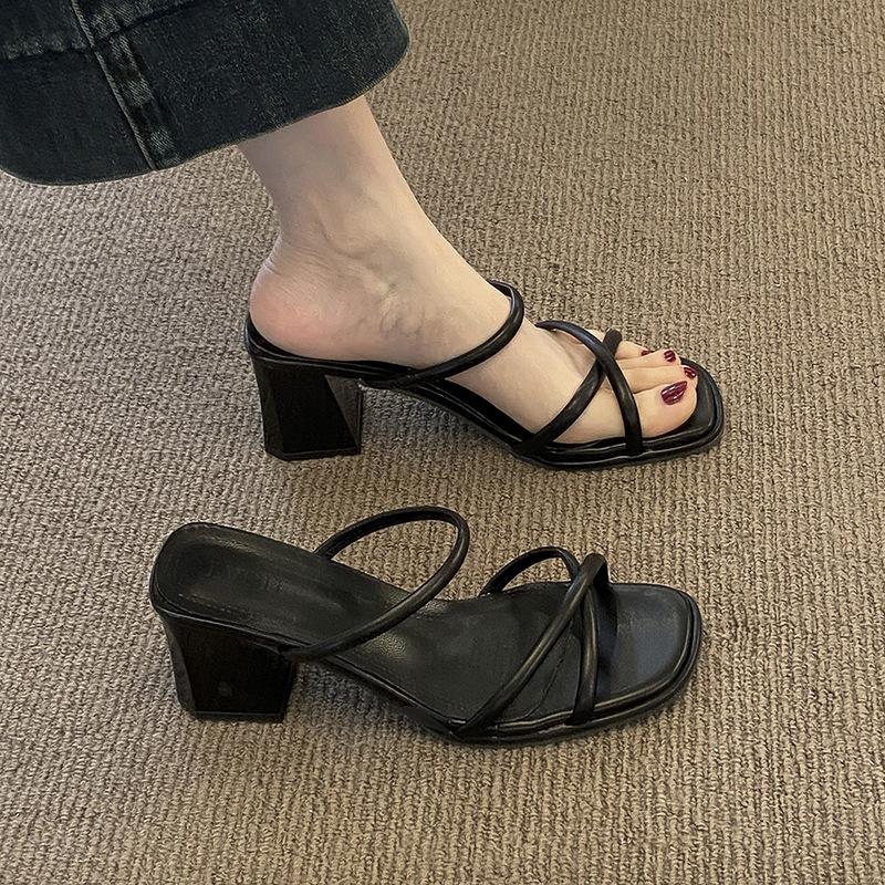 French Niche Thick Heel Cool Slippers Outer Fairy Shoes Summer 2025 New Thin Strap Middle Heel with Skirt Sandals