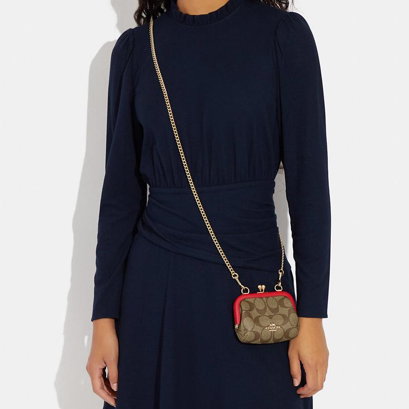 New COACH Kisslock Canvas With Leather Shoulder Bag, Crossbody Bag, Card Holder, Wallet Mini Women's Red & Brown CH520-IMVGQ