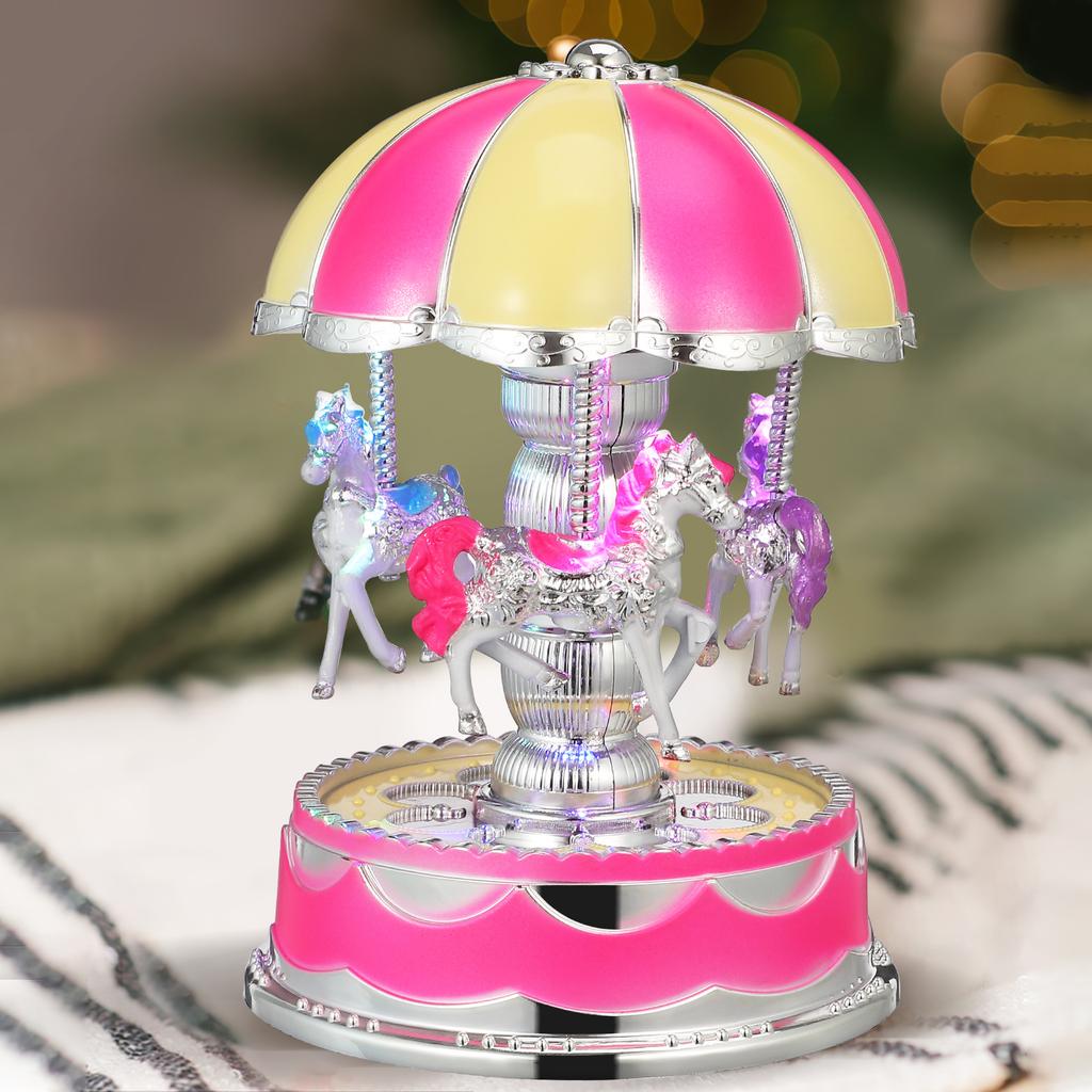 Illuminated Carousel Music Box 3 Rotating Horses Light Feature Romantic Atmosphere Decor for Home Bedroom Gift