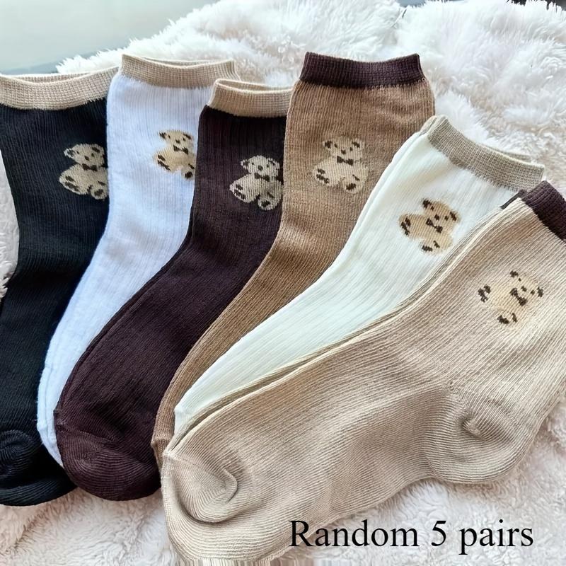 5 Pairs Women's Mid-Calf Socks - Cute Cartoon Bear Design, Soft All-Season Comfort, Coffee & Beige Striped Pattern, Comfortable Sock Material
