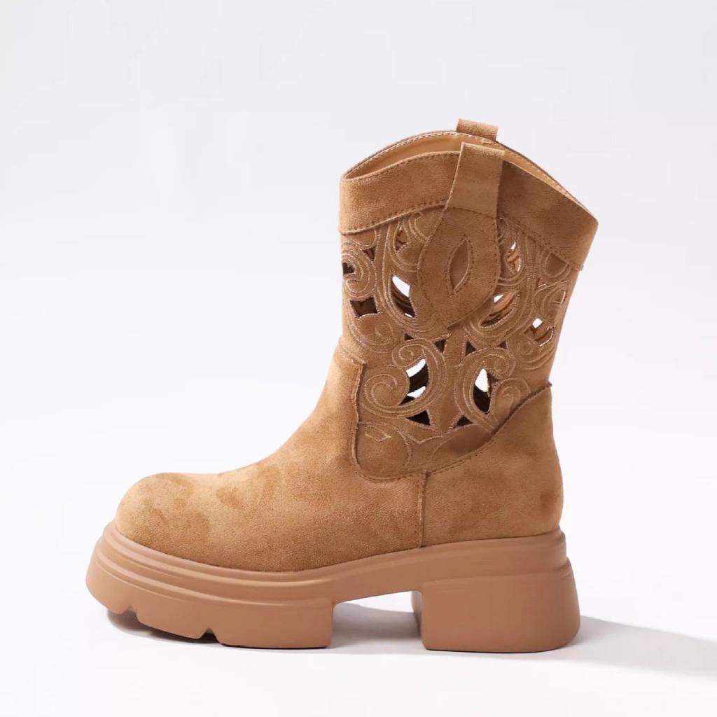 Summer retro western cowboy small short boots hollow breathable heightening women's boots