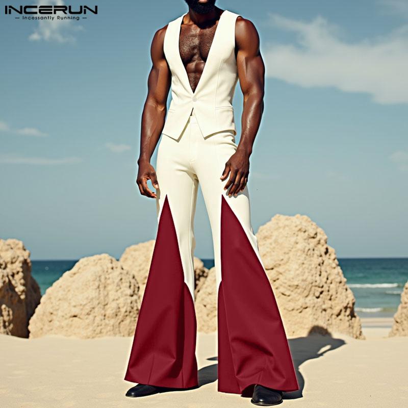 INCERUN Two Pieces Men Sleeveless Waistcoats Long Stitching Flare Pants Sets