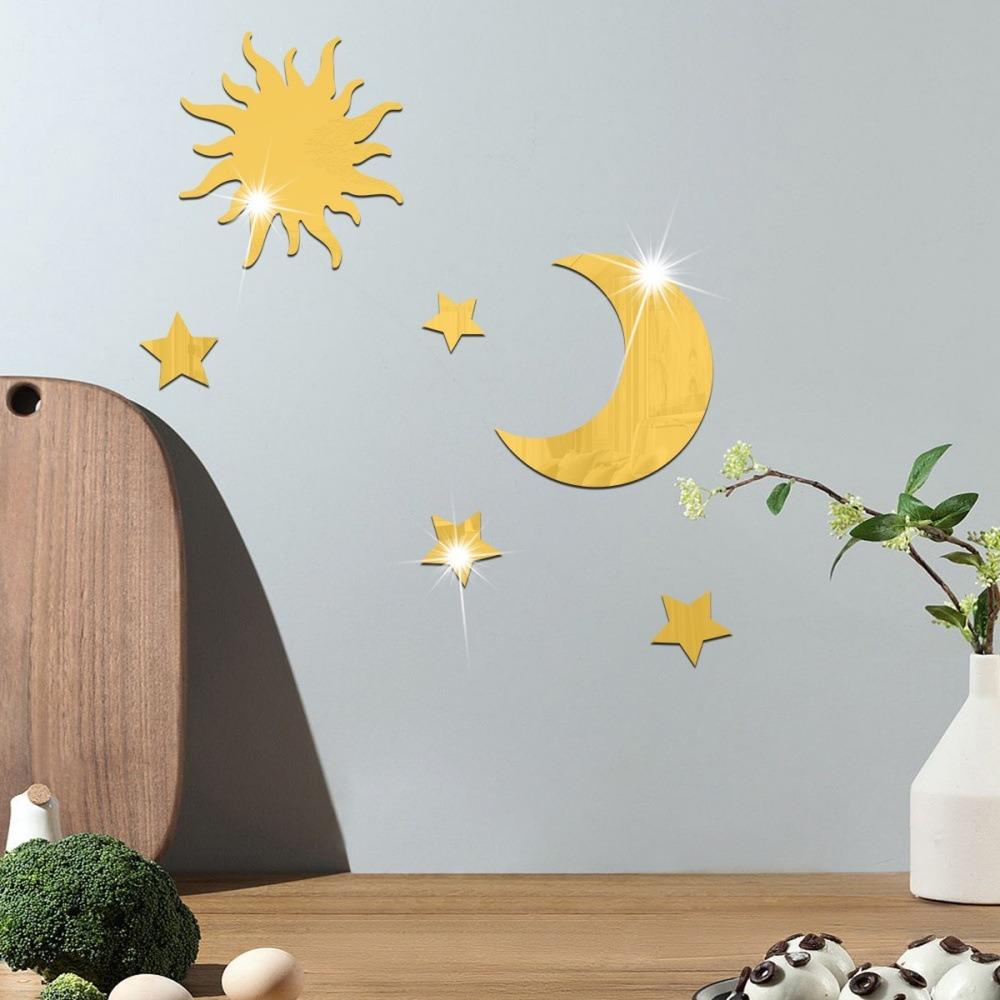 6PCS Creative Gold Silver Gold Mirror Wall Stickers Acrylic DIY Star Moon Decals Stereo Removed Ceiling Sticker Home Decoration