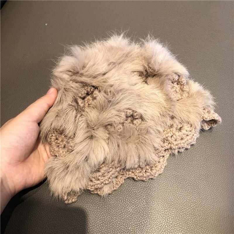 New Winter Handmade Hooked Rabbit Hair Knit Hat for Women White Plush Korean Style Versatile Warm Outdoor Head Hat