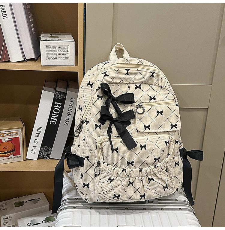 New Corduroy Casual Cute Fashion Versatile Bow Stripe Backpack Korean Style High Appearance Student Bookbag