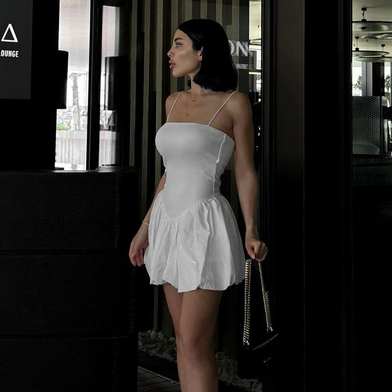 Women Black Strapless Suspender Evening Dress Bubble Mini Dress Plain Puff Short Dress Y2K Streetwear