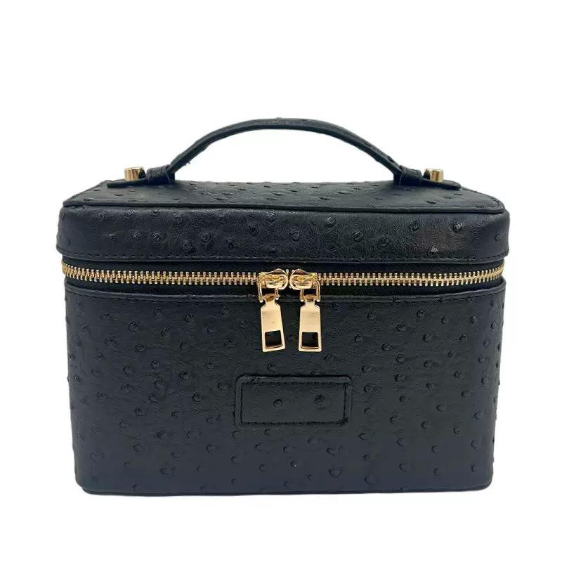Portable Cross-Grain Leather Cosmetic Bag with Gold Hardware - Makeup and Skincare Travel Organizer