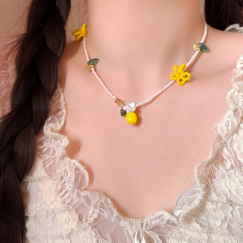 Pastoral Lemon Flower Beaded Jewelry Set: Sweet Necklace & Earrings