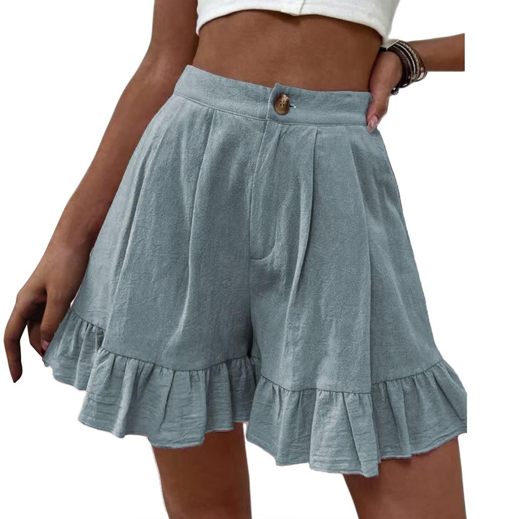 Women's Fashionable Loose-Fit Cotton-Linen Blend Casual Shorts With Pockets -Color Ruffled Wide-Leg Pants