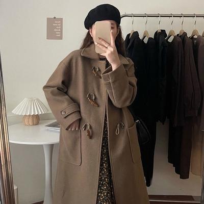 Women's Long, Thick Coat with Horn Buttons – Japanese-style Outerwear for Autumn and Winter