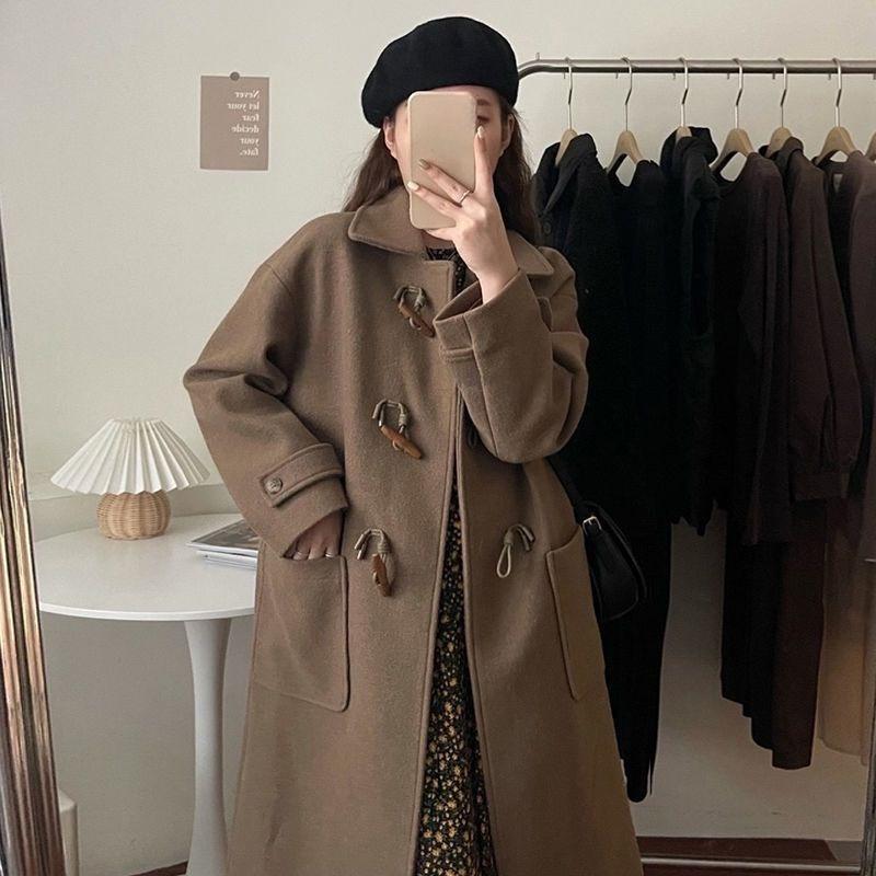 Women's Long, Thick Coat with Horn Buttons – Japanese-style Outerwear for Autumn and Winter