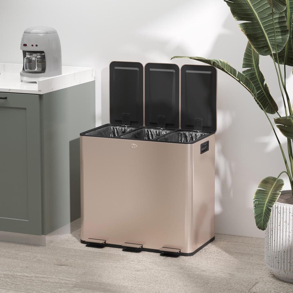 45L Triple Compartment Stainless Steel Bin With Deodoriser Holders Gold Tone