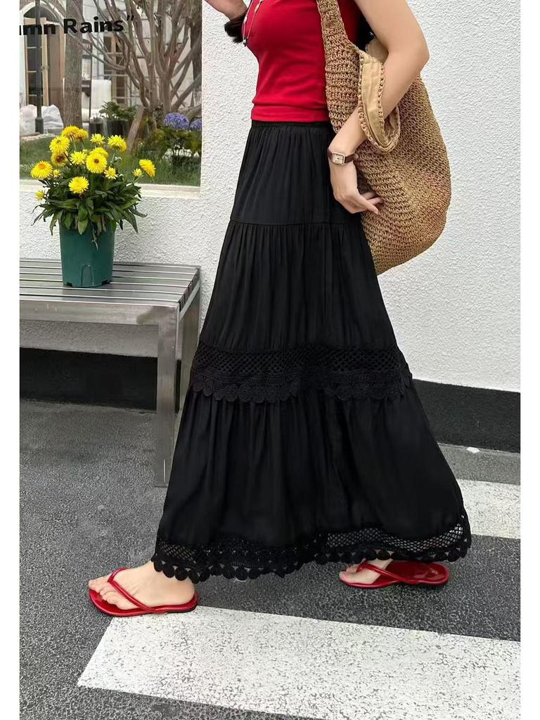 French Lace Patchwork A-line Elastic Waist Skirt