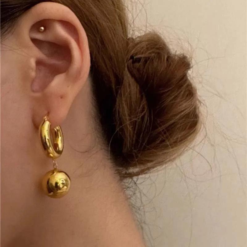 Vintage Metal Gold Color Smooth Ball Drop Earrings For Women Girl Minimalist Stainless Steel Hoop Earrings Jewelry Gifts
