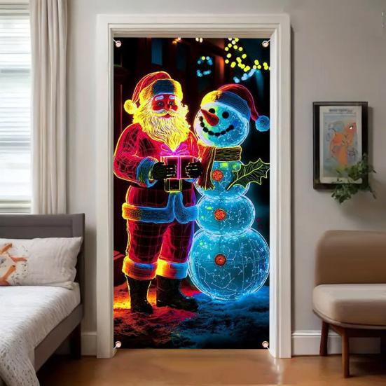 Fluorescent Christmas Door Cover UV Activated Glow-in-the-Dark Door Banner for Outdoor Indoor Holiday Decoration