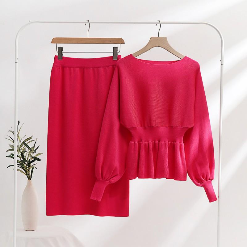 Fashion Suit Women's Retro Bag Hip Waist Slimming Knitted Dress Two-piece Set