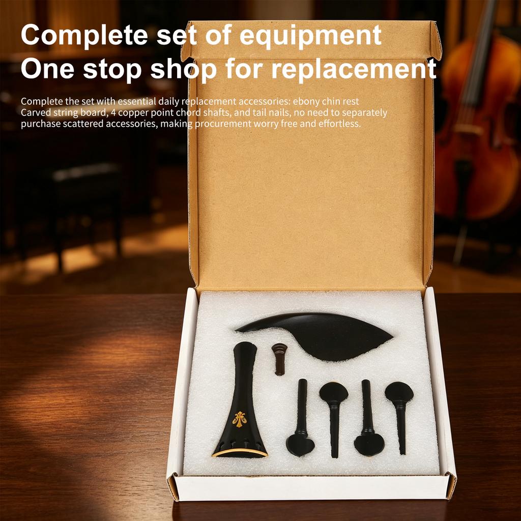 Violin Parts Kit Ebony Brass 4/4 3/4 Tailpiece Pegs Chinrest Endpin for Violin Replacement Fittings String Instrument Accessory