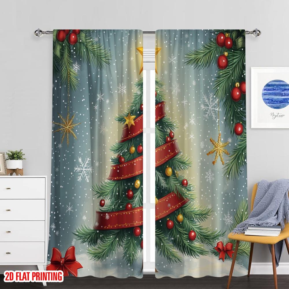 Set Of 2 Plane Printing Pattern Curtains Christmas Tree Snow Ornaments Polyester Without Rod All Seasons Perfect Curtain