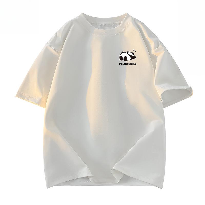 Sommerliches Baumwoll-T-Shirt mit lockerem Schnitt, Panda-Grafikdruck und Fünf-Minuten-Ärmeln