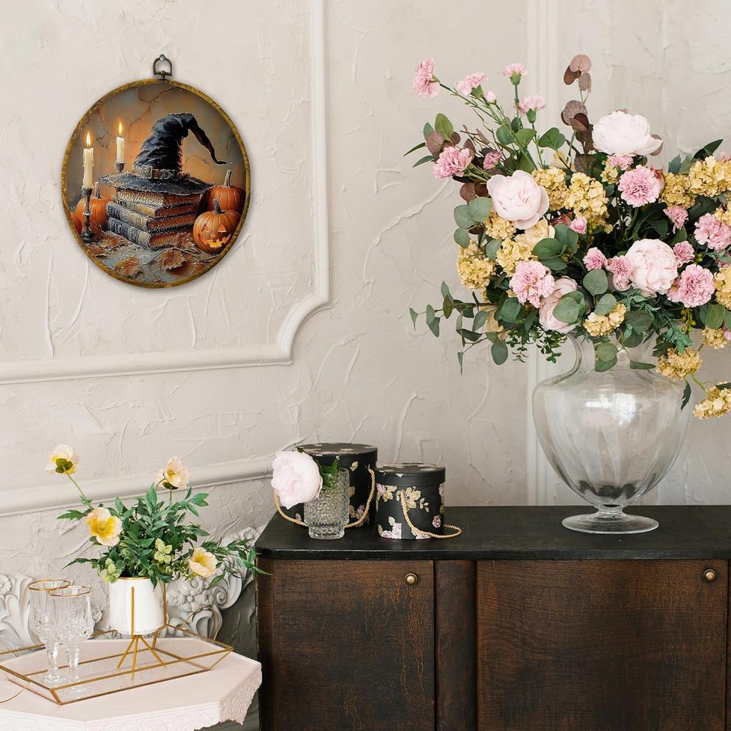 shiviody Fall Halloween Pumpkin Canvas Wall Art Decor, Autumn Halloween Hat Wall Art, Dark Moody Thanksgiving Round Hanging Frame Prints Decorations