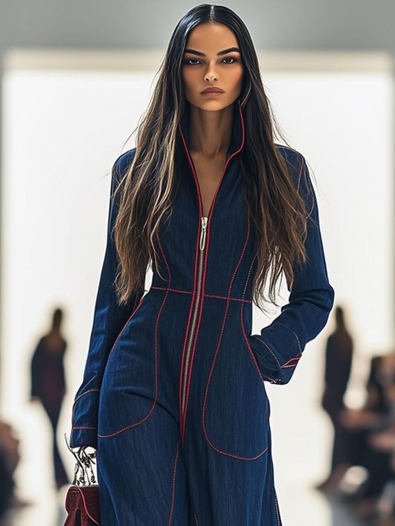 Women's Zip Up Long Sleeve Denim Jumpsuit Slim Fit V Neck Wide Leg Jumpsuit With Pockets