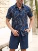 Summer Fashion Men's Suit Elegant Plant Printing Pattern Short-sleeved Lapel Shirt And Drawstring Shorts Leisure Two-piece Suit