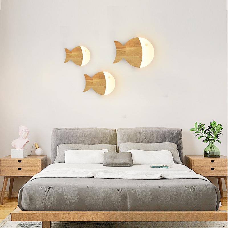 Nordic Wall Lamp Modern Simple for Boy Girl Children's Rooms Bedrooms Bedside Lamp Creative and Personalized Oak Fish LED Lights
