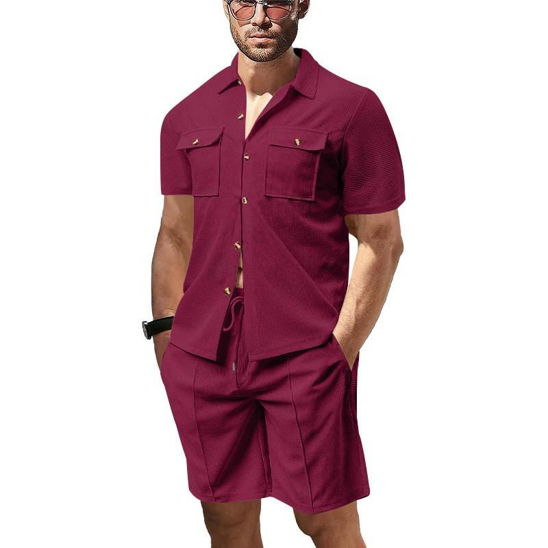 Summer Casual Men Waffle Solid Color Double Pocket Cardigan Short-sleeved Daily Shirt Shorts Set