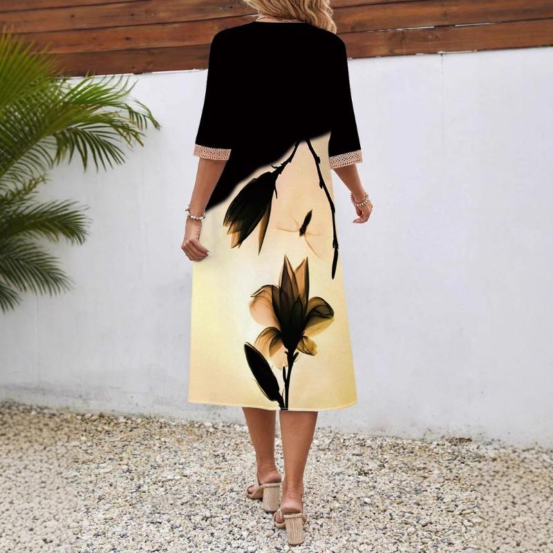 Damen Frühling/Sommer Bedrucktes Kurzarmkleid Spitze V-Ausschnitt Locker Swing Kurzarm Mittellanges Kleid