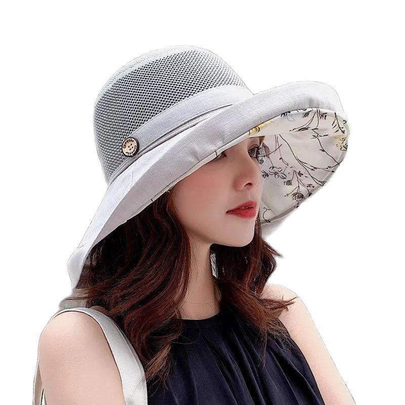 Summer Women's Double-sided Bucket Hat Korean Version Mesh Pattern Button Pot Hat Outdoor Sunscreen Hat