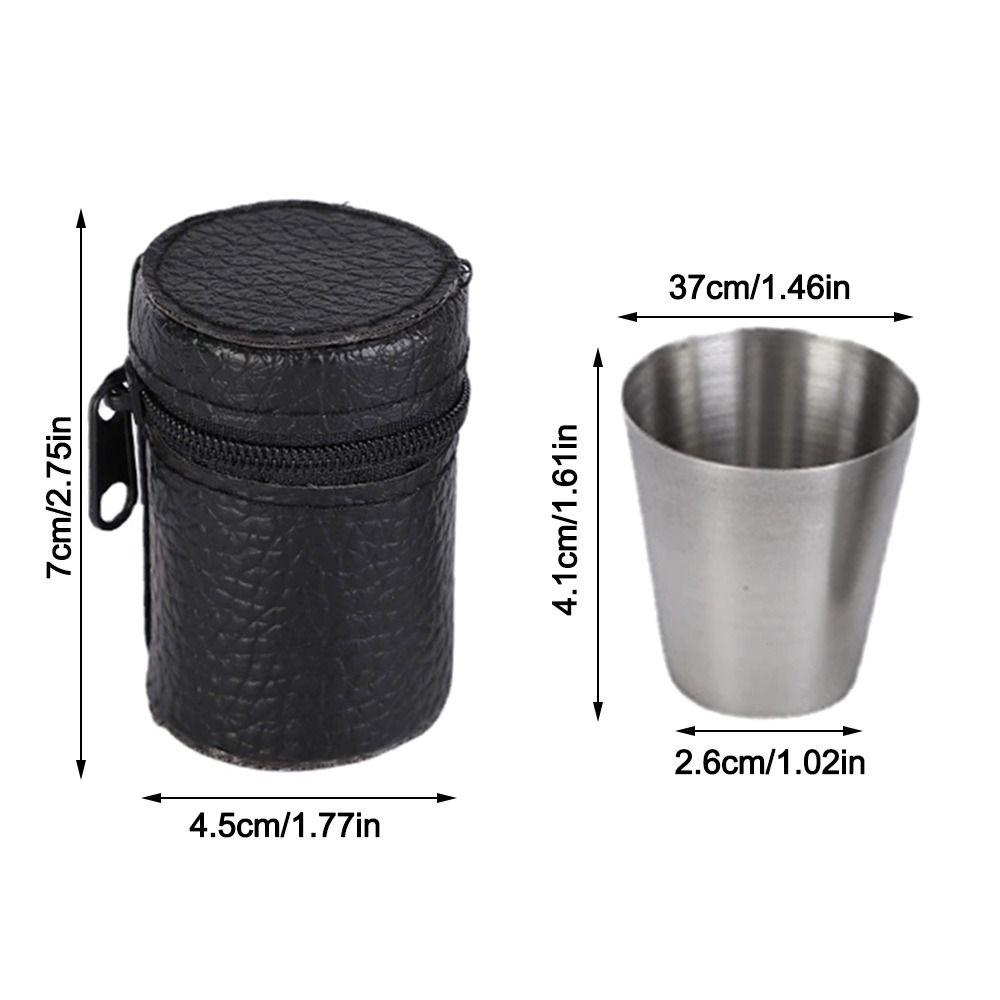 4pcs Stainless Steel Portable Tea Cup Black PU-Leather Case Whiskey Tumbler Cups  Travel Use